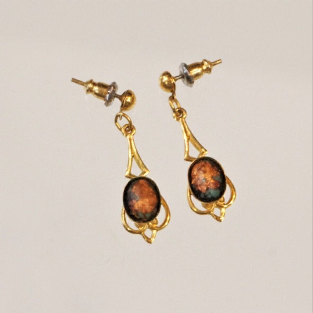 Vintage Miniature Dangling Pierced Earrings Gold Tone Setting With Faux Stone